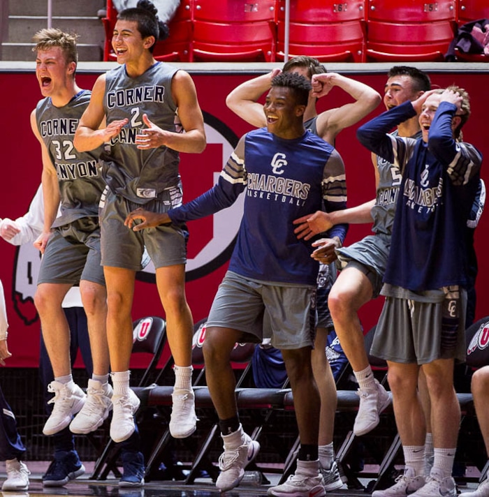 (Trent Nelson | The Salt Lake Tribune)  Box Elder vs. Corner Canyon, 5A State high school basketball tournament at the Huntsman Center in Salt Lake City, Wednesday Feb. 28, 2018. Corner Canyon players celebrate a double-digit lead in the fourth quarter.