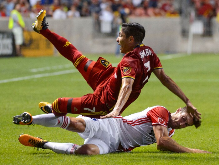 (Steve Griffin | The Salt Lake Tribune) Real Salt Lake forward Juan Martinez (7) gets upended buy San Jose's Franois Affolter during match at Rio Tinto Stadium in Sandy Wednesday August 23, 2017.