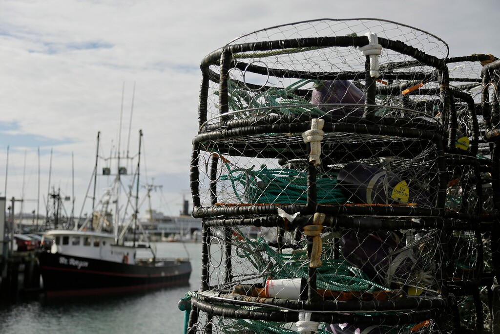  File - In this Nov. 5, 2015 file photo, crab pots are stacked along a pier at Fisherman's Wharf in San Francisco. The wharf typically bustles this time of year as dozens of crab fisherman prepare to haul millions of pounds of Dungeness crab that are a tradition at Thanksgiving and other holiday meals. But crab pots are sitting empty on docks, boats are idled and fishermen are anxiously waiting for authorities to open the lucrative Dungeness crab season. (AP Photo/Eric Risberg, File)