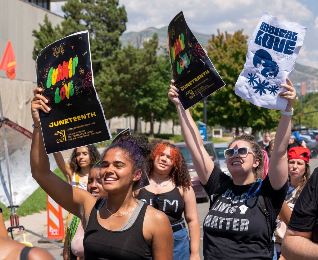(Rick Egan | The Salt Lake Tribune)  Whitney VanAfern and Brielle Hall march down 500 South in Salt Lake City, during the Juneteenth celebration, on  Saturday, June 19, 2021.