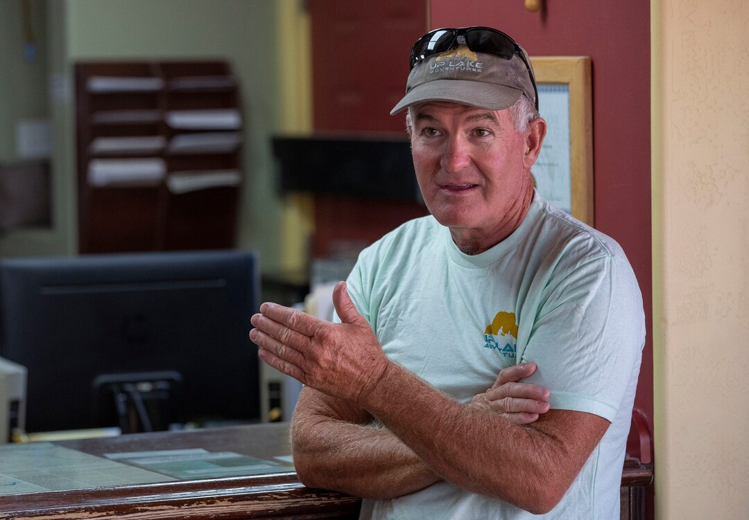 (Rick Egan | The Salt Lake Tribune) Big Water business owner, Bob Reed,  discusses the problems with the low water level and the boat ramps, at Lake Powell, on Tuesday, Aug. 3, 2021.