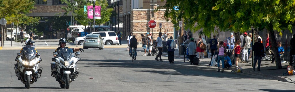 (Steve Griffin | Tribune file photo) Motorcycle officers from the Salt Lake City Police Department ride down 400 west as law enforcement officers from several agencies increase their presence in the Rio Grand homeless area in Salt Lake City Monday August 14, 2017.