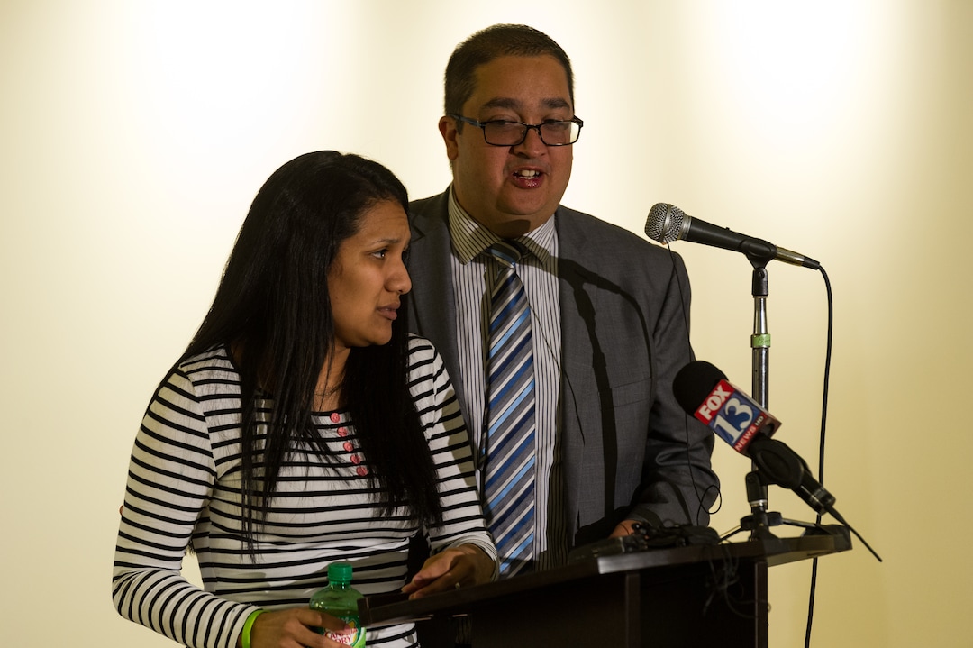 Alex Gallivan  |  Special to the Tribune Thamy Holt, wife of Josh Holt speaks to the people through an interpreter in Riverton, Monday, May 28,2018