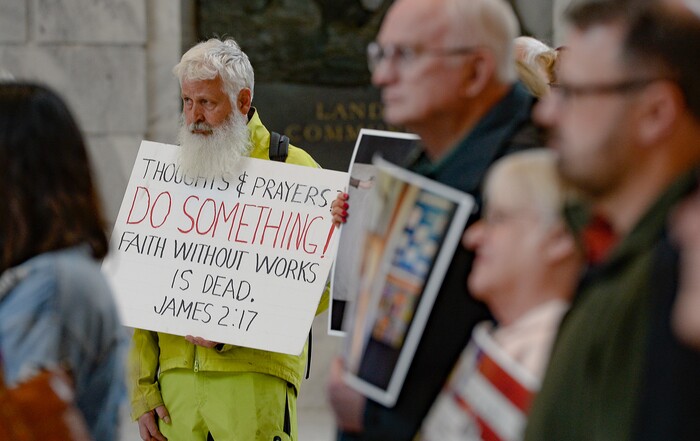 (Francisco Kjolseth  |  The Salt Lake Tribune) John Lindblom joins a rally at the Utah Capitol for a mid-session report on the progress of gun violence and public safety bills in the Utah Legislature on Saturday, Feb. 15, 2020. The rally took place the day after the anniversary of the shooting at Stoneman Douglas high school in Parkland, FL.