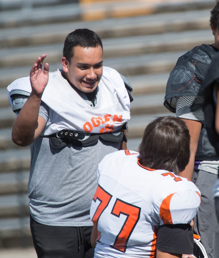 (Rick Egan  |  The Salt Lake Tribune)  Ogden football players share a laugh during practice. The mood at practice has changed after the team broke its 36-game losing streak last week. Wednesday, September 13, 2017.
