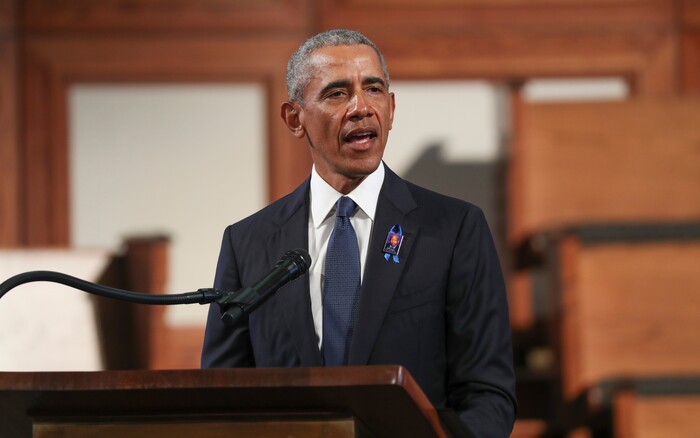Former President Barack Obama, addresses the service during the funeral for the late Rep. John Lewis, D-Ga., at Ebenezer Baptist Church in Atlanta, Thursday, July 30, 2020.  (Alyssa Pointer/Atlanta Journal-Constitution via AP, Pool)