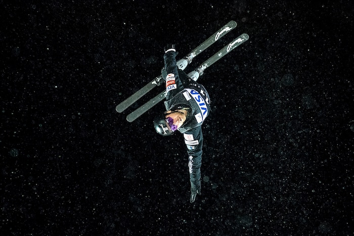 (Chris Detrick  |  The Salt Lake Tribune)  USA's Jonathon Lillis (11) competes in the Men's Aerial Finals during the FIS Visa Freestyle International Ski World Cup at Deer Valley Resort Friday, January 12, 2018.  Lillis finished in sixth place with a score of 72.85.