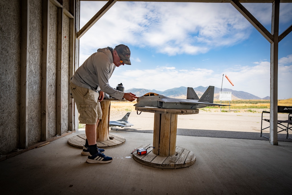 (Rick Egan | The Salt Lake Tribune) Ben Wheeler prepares to fly his model jet plane at the Salt Lake City Modelport on Tuesday, July 14, 2026.