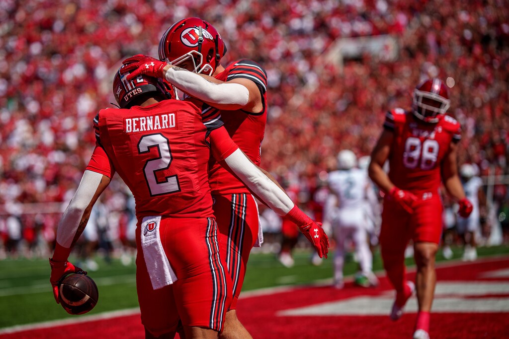 (Trent Nelson  |  The Salt Lake Tribune) Utah Utes tight end Brant Kuithe (80) and Utah Utes running back Micah Bernard (2) as the Utah Utes host the Baylor Bears, NCAA football in Salt Lake City on Saturday, Sept. 7, 2024.