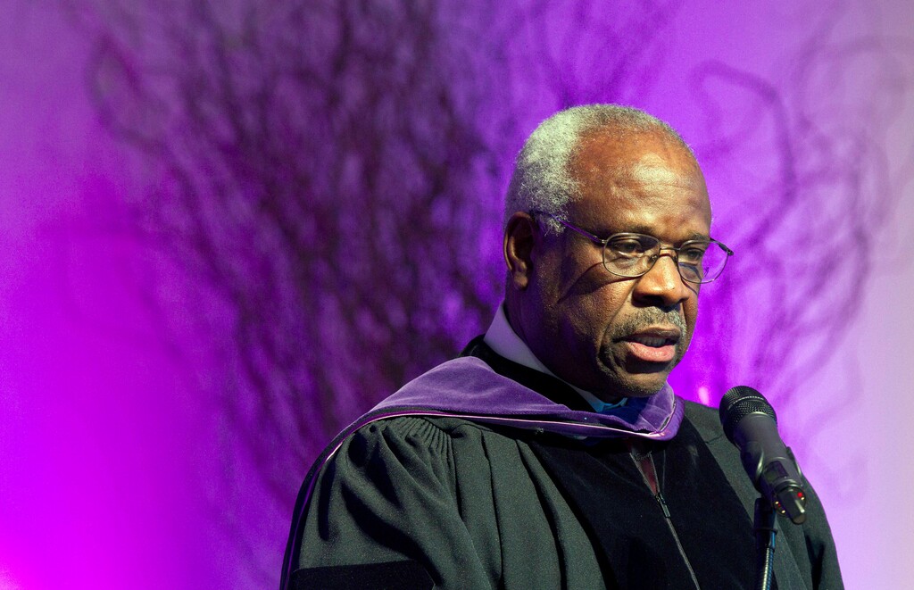 In this Jan. 26, 2012 file photo, Supreme Court Justice Clarence Thomas speaks at College of the Holy Cross in Worcester, Mass. (AP Photo/Michael Dwyer, File)