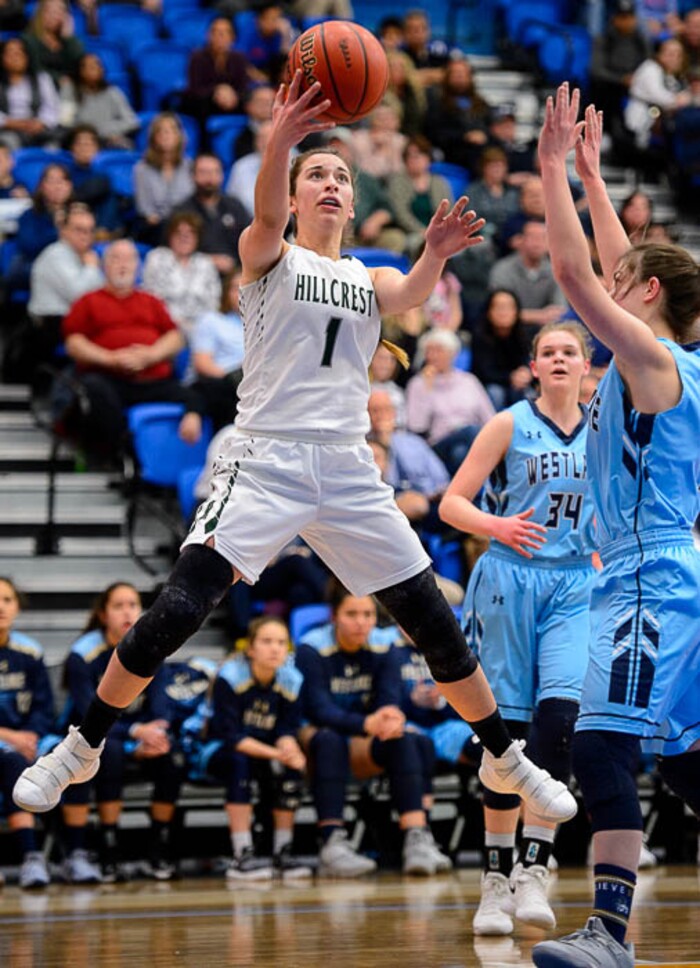(Trent Nelson | The Salt Lake Tribune)  Hillcrest's Gabrielle Desjardins (1) as Hillcrest faces Westlake in the 6A High School Girls' Basketball Tournament at SLCC in Taylorsville, Thursday Feb. 22, 2018.