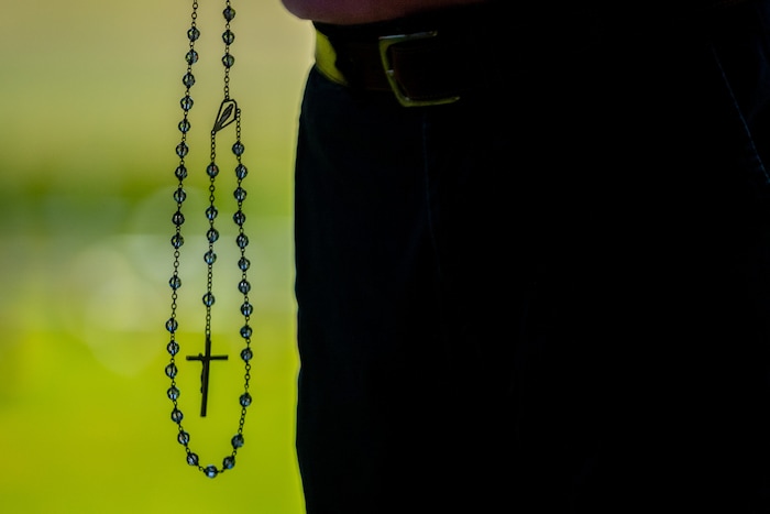 (Trent Nelson  |  The Salt Lake Tribune) Acolyte Chris Kennedy leads Rosary prayers at the Abbey of the Holy Trinity in Huntsville during a gathering to celebrate 75 years since its founding on Sunday, July 10, 2022.