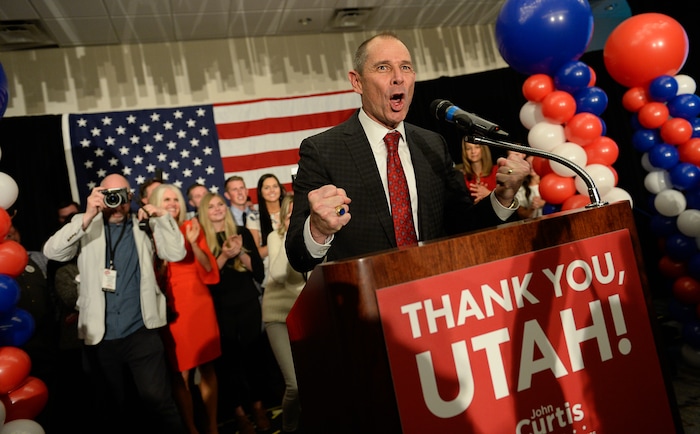 (Francisco Kjolseth  |  The Salt Lake Tribune)  John Curtis, Republican candidate for 3rd Congressional District celebrates his win at the Provo Marriott Hotel & Conference Center Tuesday, Nov. 7, 2017. He will fill the congressional seat recently vacated by Jason Chaffetz.