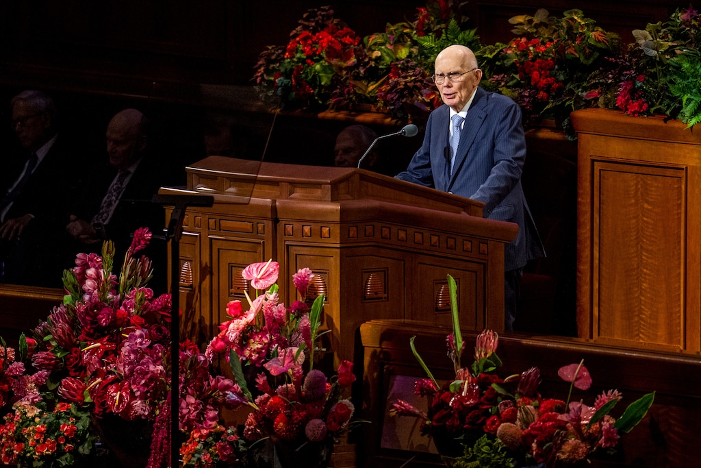 (Trent Nelson  |  The Salt Lake Tribune) Dallin H. Oaks gives his concluding sermon at General Conference in October.
