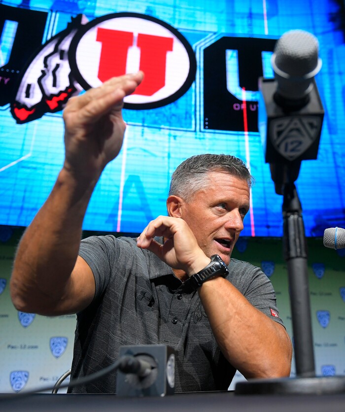Utah head coach Kyle Whittingham speaks at the Pac-12 NCAA college football media day, Thursday, July 27, 2017, in the Hollywood section of Los Angeles. (AP Photo/Mark J. Terrill)