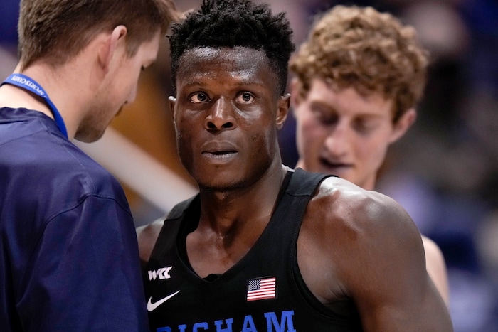 (Francisco Kjolseth | The Salt Lake Tribune) Brigham Young Cougars forward Gideon George (5) competes against the Westminster Griffins at the Marriott Center in Provo, Wednesday, Dec. 29, 2021.