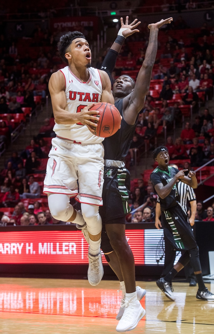 (Rick Egan  |  The Salt Lake Tribune)  Utah Utes forward Sedrick Barefield (0) looks for a shot, in basketball action, Utah Utes vs Hawaii Warriors, at the Jon M. Huntsman Center, Saturday, December 2, 2017.
