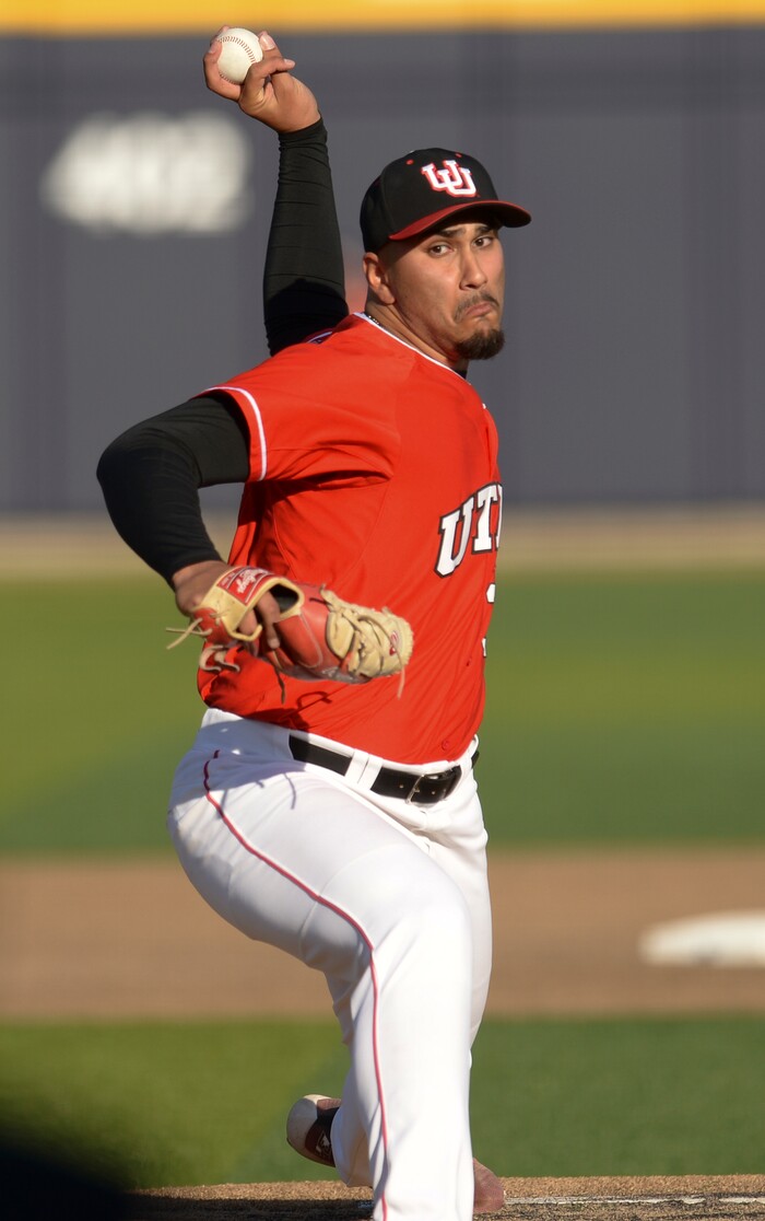 (Leah Hogsten  |  The Salt Lake Tribune) Utah pitcher Jacob Reber throws as Brigham Young University hosts University of Utah at Miller Park, Tuesday, April 24, 2018 in Provo.