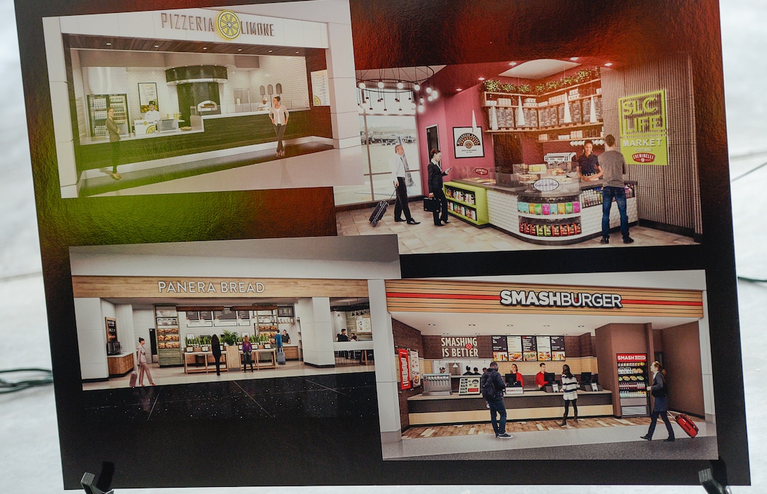(Francisco Kjolseth  |  The Salt Lake Tribune)  Salt Lake City International Airport announces food concessionaires for the first phase of the new expanded airport during a tour on Wed. Feb. 20, 2019, as renderings provide a visual snapshot of the food and beverage options that is said to include 23 concepts with a number of home-grown options that are local favorites.
