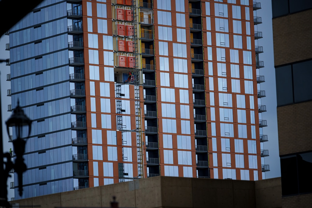 (Trent Nelson | The Salt Lake Tribune) A new 31-story apartment building at 200 East 300 South in Salt Lake City nears completion on Monday, March 11, 2024.