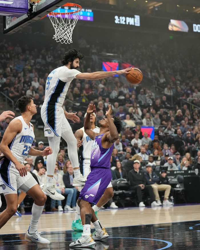 (Francisco Kjolseth  | The Salt Lake Tribune) Orlando Magic center Goga Bitadze (35) makes a block on Utah Jazz guard Collin Sexton (2) as the Utah Jazz host the Orlando Magic during NBA basketball at the Delta Center in Salt Lake City on Saturday, February. 1, 2025.