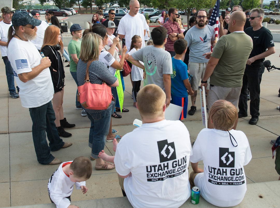 (Rick Egan  |  The Salt Lake Tribune)     People on both sides of the issue discuss their views on guns, before a town hall meeting in Sandy, where survivors from the Florida school shooting held a forum with Utah students involved with the March for Our Lives movement, Saturday, July 14, 2018.
