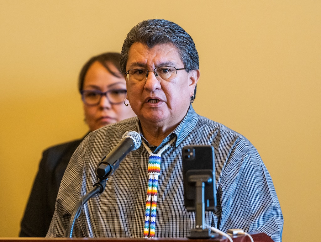 (Rick Egan | The Salt Lake Tribune) Manuel Heart, chairman of the Ute Mountain Ute Tribe, encourages Utah lawmakers to consider HB40 to make ICWA state law in Utah during a news conference at the Capitol on Tuesday, Jan. 31, 2023.