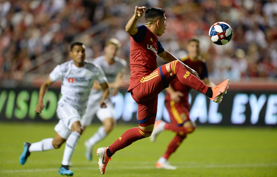 (Francisco Kjolseth  |  The Salt Lake Tribune)  Real Salt Lake forward Jefferson Savarino (7) makes an attempt on goal as Real Salt Lake hosts Los Angeles FC at Rio Tinto Stadium in Sandy on Saturday, Aug. 17, 2019.