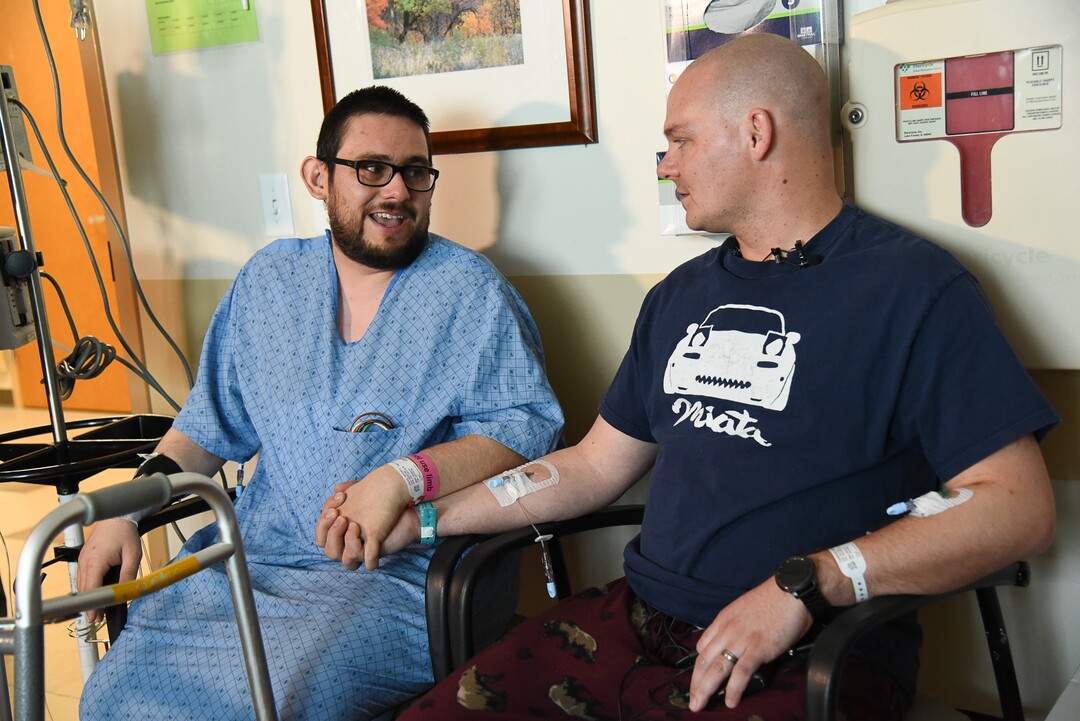 (Francisco Kjolseth  |  The Salt Lake Tribune)  Mitchell Salas becomes speaks with Matthew Thompson for the first time after receiving a kidney from him as part of the Good Samaritan organ donor program. Both recovering from surgery a couple of days ago at Intermountain Medical Center in Murray on Friday, March 29, 2019. For Thompson the idea of donation started as a thought after hearing a motivational speaker talk about donating a kidney to his brother. 