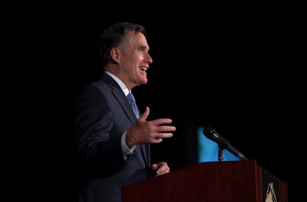 Scott Sommerdorf | The Salt Lake TribuneFormer Republican presidential candidate Mitt Romney speaks at the 2018 Utah County Republican Party Lincoln Day Dinner.