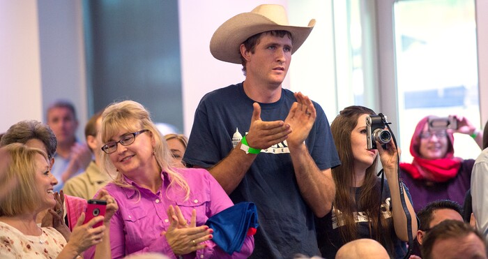 Leah Hogsten | The Salt Lake Tribune
Supporters of Republican Sen. Ted Cruz of Texas show their appreciation during his stump speech for Utah's 3rd District primary candidate, former state Rep. Chris Herrod, June 29, 2017 at Entrata in Lehi.