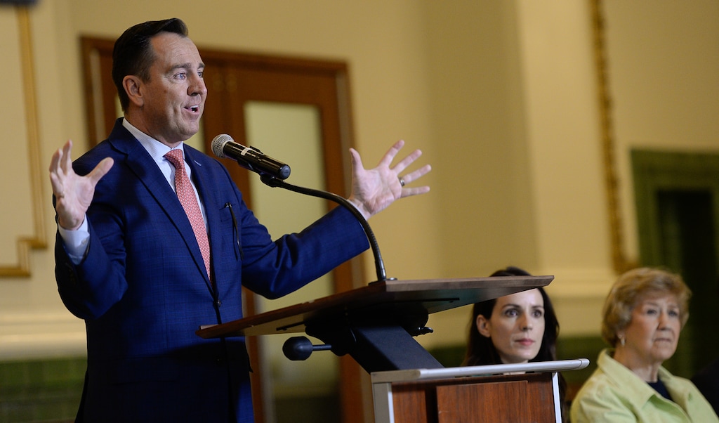 (Francisco Kjolseth  |  Tribune file photo)  Greg Hughes, former Utah House speaker, joins other community leaders in the Grand Hall at The Gateway, on Tuesday, April 2, 2019. Hughes is considering a run for Utah governor in 2020.