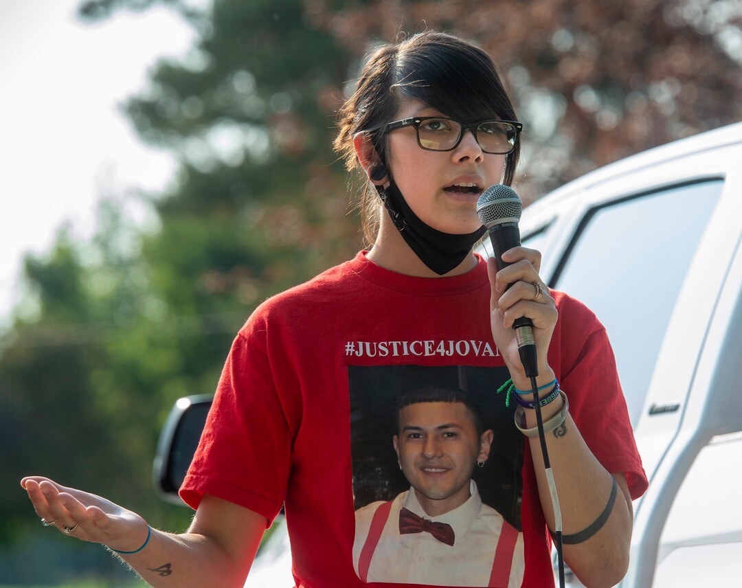 (Rick Egan  |  The Salt Lake Tribune)     Ruby Mercado, sister of Jovany Mercado, speaks to the crowd during the Dance Dance for Revolution protest for racial equality, on Sunday, Aug. 23, 2020. The protest was in memory of Jovany Mercado who was shot last August by Ogden police by four officers, hitting his body sixteen times.