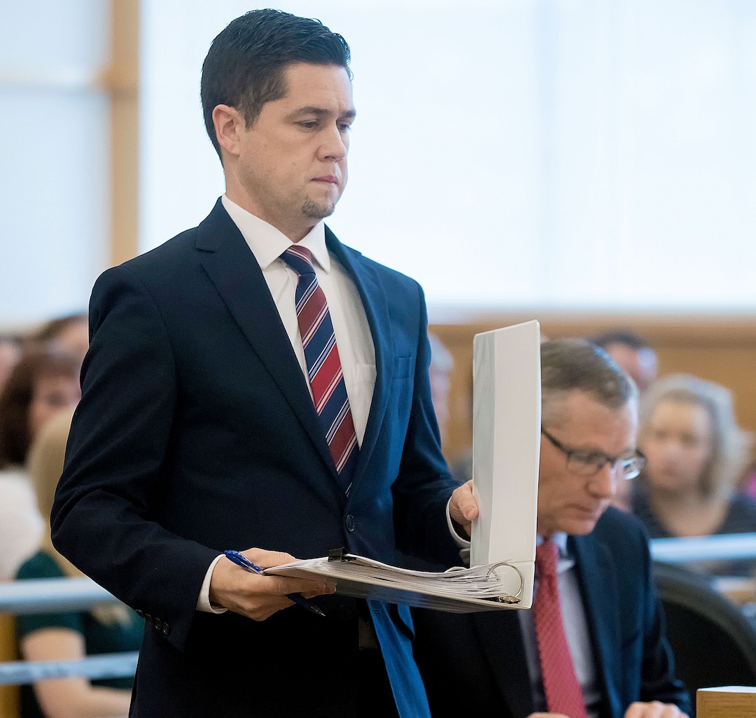 (Eli Lucero  |  Herald Journal, pool) Prosecuting attorney Spencer Walsh prepares to speak at Colter Peterson's sentencing hearing for attempted aggravated murder and robbery, Thursday, Feb. 1, 2018, in Logan, Utah. Peterson received a sentence of 15 years to life for shooting Deserae Turner in February 2017, and leaving her for dead in a dry irrigation canal in Smithfield, Utah.