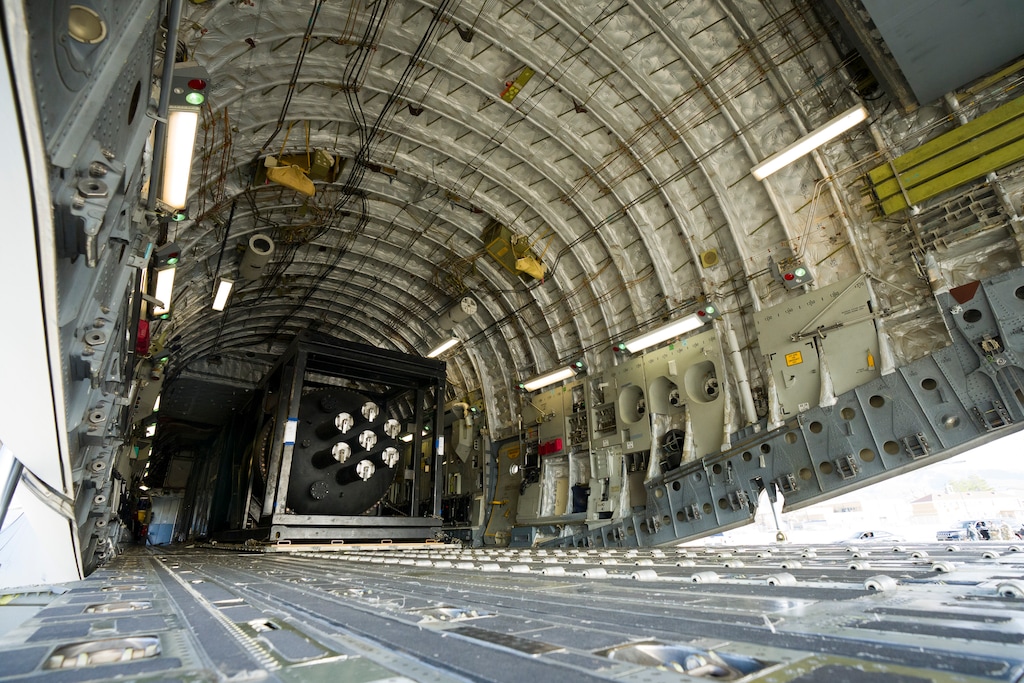 (Bethany Baker  |  The Salt Lake Tribune) Components of a micro nuclear reactor headed for Utah San Rafael Energy Lab are seen on board a USAF C-17 at Hill Air Force Base near Layton on Sunday, Feb. 15, 2026.