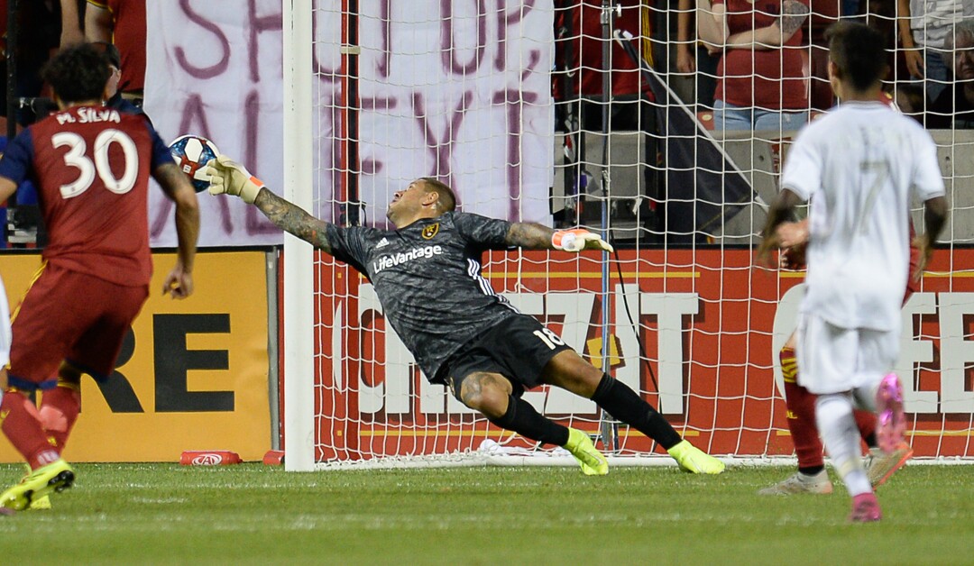 (Francisco Kjolseth  |  The Salt Lake Tribune)  Real Salt Lake goalkeeper Nick Rimando (18) blocks a shot as Real Salt Lake hosts Los Angeles FC at Rio Tinto Stadium in Sandy on Saturday, Aug. 17, 2019.