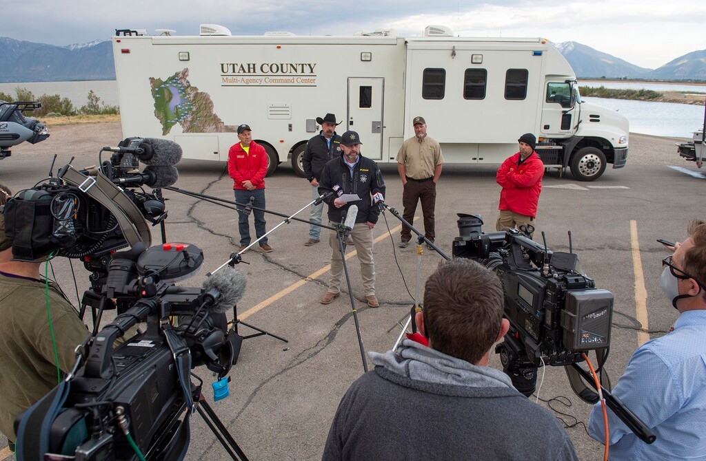 (Rick Egan  |  The Salt Lake Tribune)   Utah County Sheriff Mike Smith talks about the bodies of the two girls that were found in Utah Lake, Thursday, May 14, 2020.