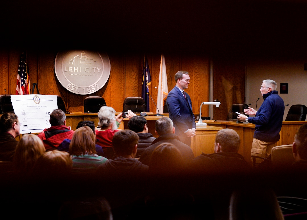 (Leah Hogsten  |  The Salt Lake Tribune)  Congressman Ben McAdams met with his constituents in Utah County during his second town hall at Lehi City Council chambers, Feb. 19, 2019 to answer their questions and concerns.