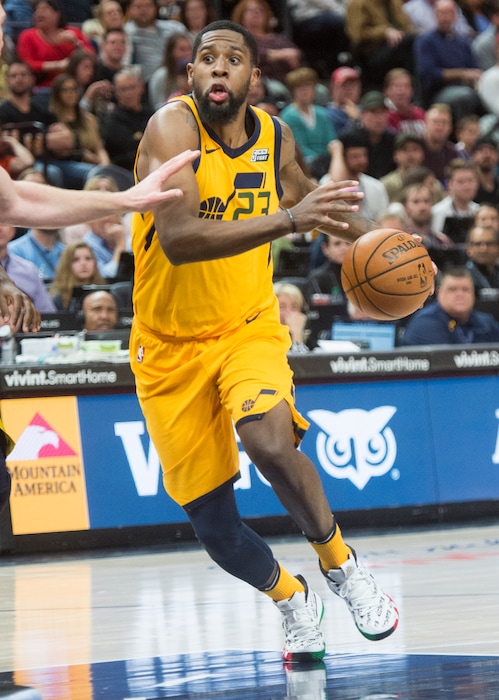 (Rick Egan  |  The Salt Lake Tribune)   Utah Jazz forward Royce O'Neale (23) takes the ball inside for the Jazz, in NBA action Utah Jazz vs Indiana Pacers, in Salt Lake City, Monday, January 15, 2018.