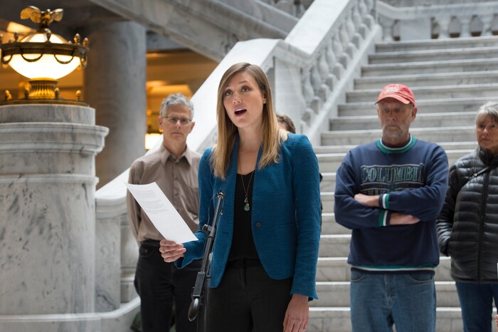 Scott Sommerdorf | The Salt Lake Tribune
Ashley Soltysiak of the Sierra Club speaks as Utahns concerned about environmental health consequences and community impact from creating a state controlled inland port authority in Salt Lake CityÕs northwest quadrant held a press conference in the capitol rotunda, Sunday, March 4, 2018.
