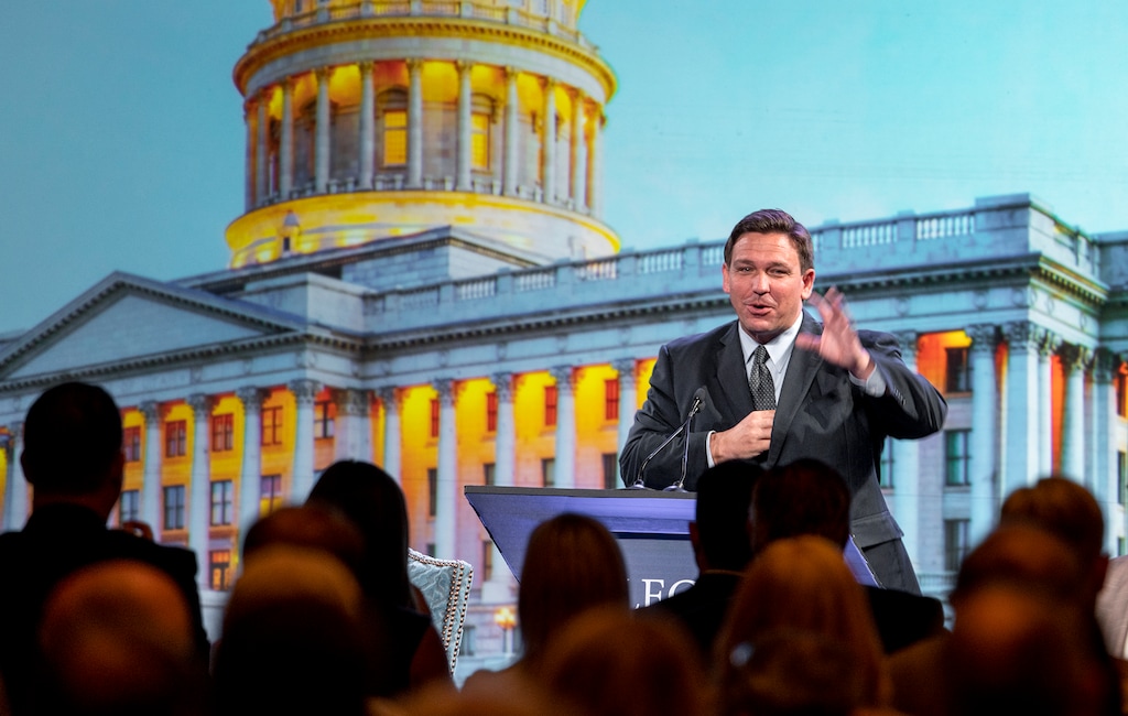 (Leah Hogsten | The Salt Lake Tribune) Florida Gov. Ron DeSantis is applauded after taking the stage to address The American Legislative Exchange Council annual meeting July 28, 2021 at The Grand America Hotel in Salt Lake City. The Utah GOP is employing magnetometers at its state convention as part of enhanced security surrounding DeSantis' speech later this month.