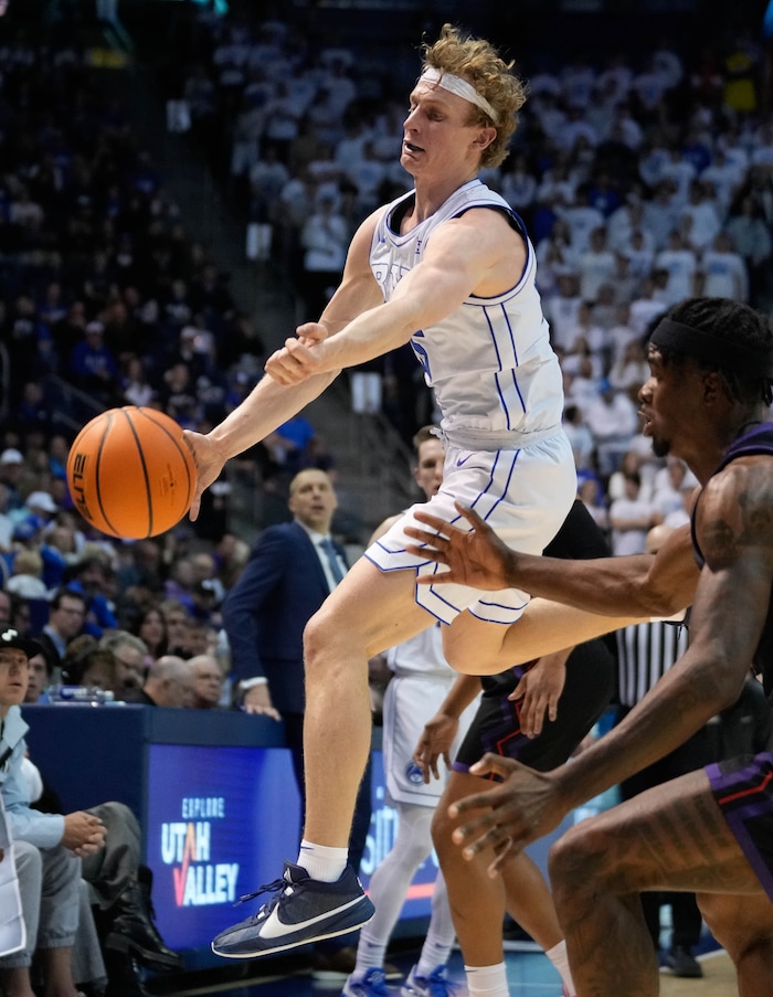 (Francisco Kjolseth | The Salt Lake Tribune) Brigham Young Cougars guard Richie Saunders (15) loses his grip on the ball during an NCAA college basketball game against TCU Saturday, March 2, 2024, in Provo, Utah.
