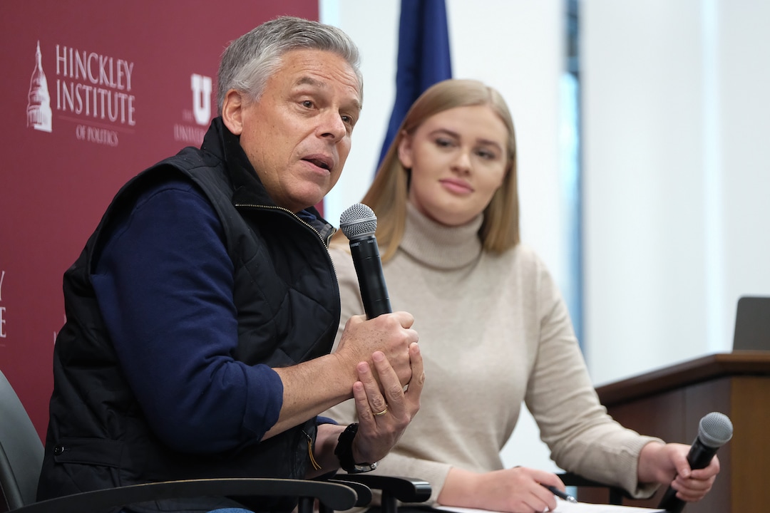 (Francisco Kjolseth  |  The Salt Lake Tribune)  Former Utah Governor and Ambassador Jon Huntsman sits down with ASUU Student Body President Annamarie Barnes at the Hinckley Institute of Politics on the University of Utah campus on Thursday, Dec. 5, 2019, to discuss his long career in public service spanning from Utah's Governor's Mansion to Chinese and Russian ambassadorships and examine the increasing significance Utah plays in our globalized world.