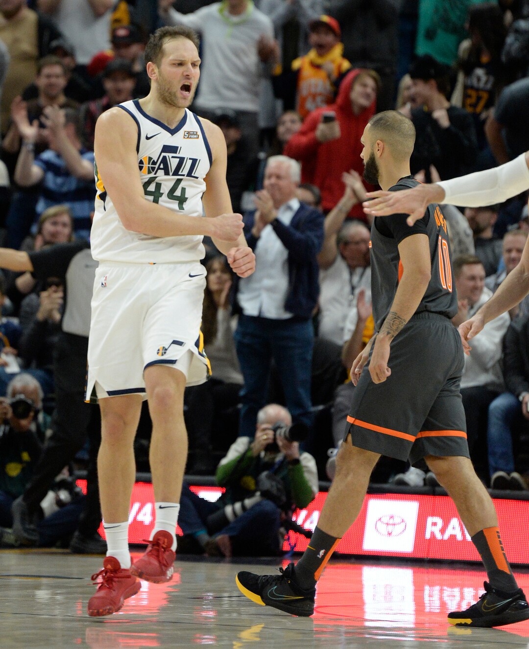 (Francisco Kjolseth  |  The Salt Lake Tribune) Utah Jazz forward Bojan Bogdanovic (44) celebrates the teams comeback in the final minutes for a 109-102 win as the Utah Jazz host the Orlando Magic in their NBA basketball game at Vivint Smart Home Arena in Salt Lake City on Tuesday. Dec. 17, 2019.