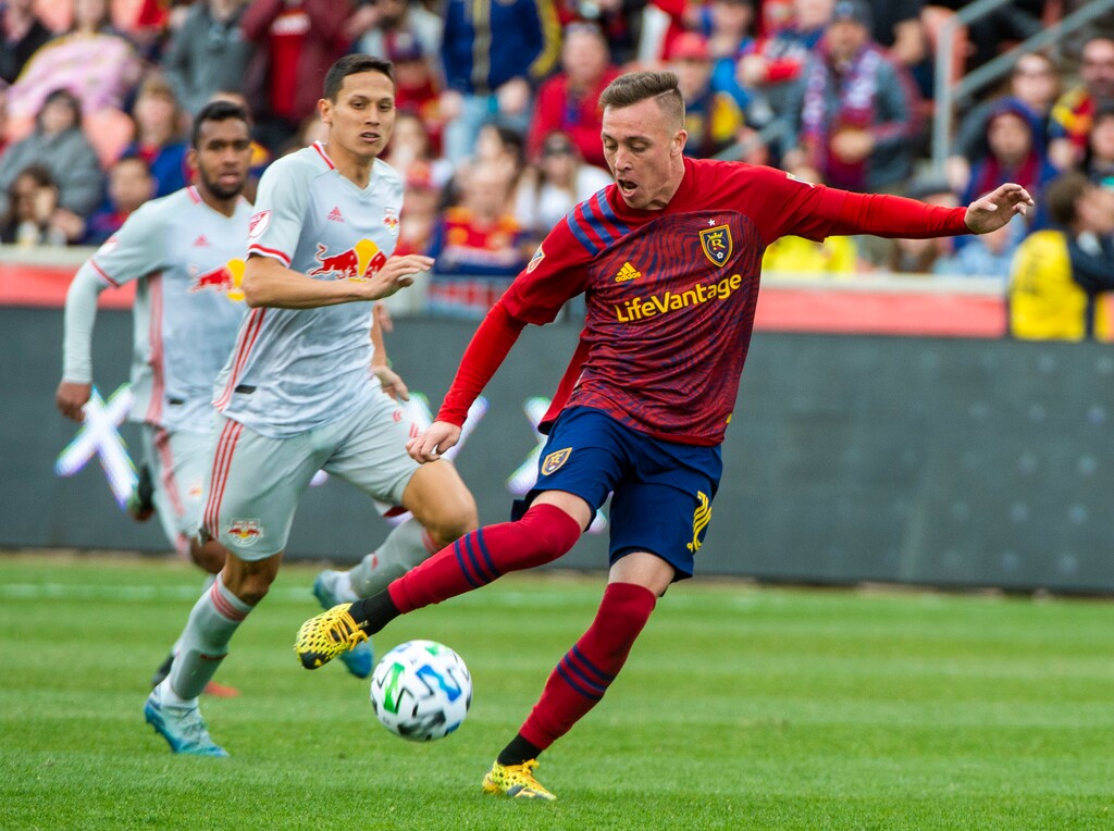 (Rick Egan  |  The Salt Lake Tribune)   Real Salt Lake forward Corey Baird (10) brings the ball down field,                                                               in MLS acton between Real Salt Lake and the New York Red Bulls at Rio Tinto Stadium, Saturday, March 7, 2020.