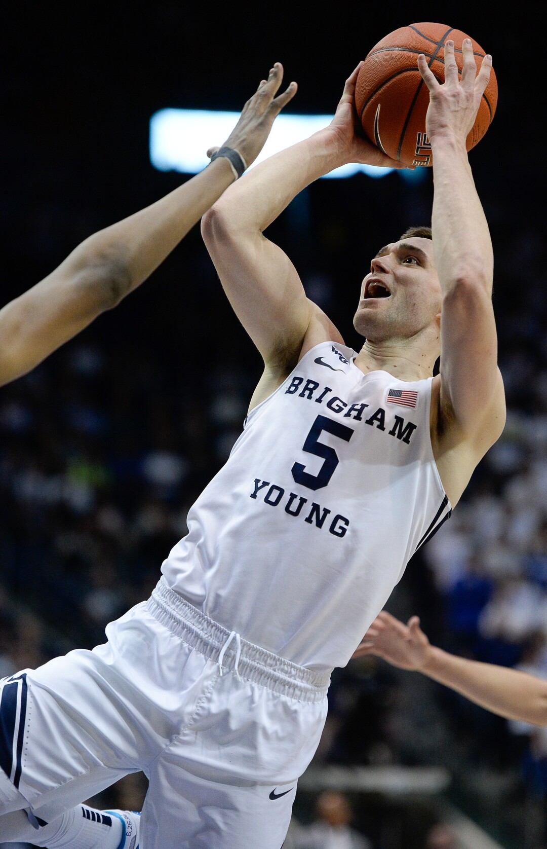 (Francisco Kjolseth  |  The Salt Lake Tribune) Brigham Young Cougars guard Jake Toolson (5) lays back for a shot on basket in the second half as the Brigham Young Cougars host the Santa Clara Broncos at the Marriott Center in Provo, Thursday, Feb. 20, 2020. BYU won 85-75.