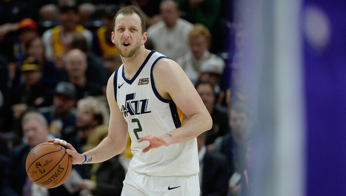 (Francisco Kjolseth  |  The Salt Lake Tribune)  Utah Jazz forward Joe Ingles (2) as the Utah Jazz host the Sacramento Kings in their NBA game at Vivint Smart Home Arena Friday, April 5, 2019, in Salt Lake City.
