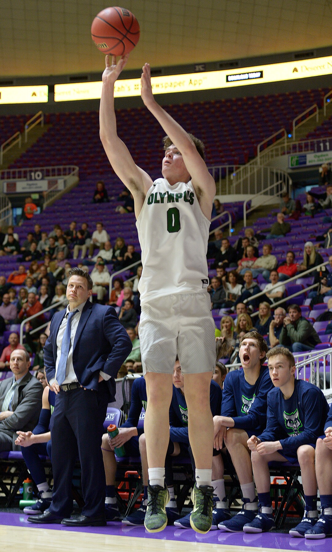 Leah Hogsten  |  The Salt Lake TribuneOlympus' Jeremy Dowdell  had 25 points in the game. Olympus High School leads Timpanogos High School 53-27 during their 4A State boysÕ basketball quarterfinal playoff game at Weber State University's Dee Events Center, Thursday, March 2, 2017.