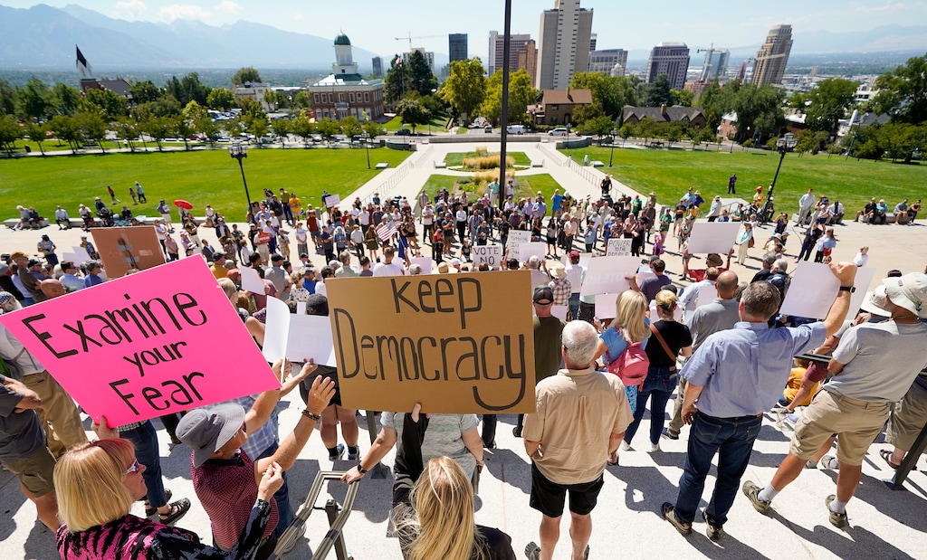 (Chris Samuels | The Salt Lake Tribune) Members of the public attend a rally against a proposed constitutional amendment to reform the citizen initiative process at the Capitol in Salt Lake City, Monday, Aug. 26, 2024.
