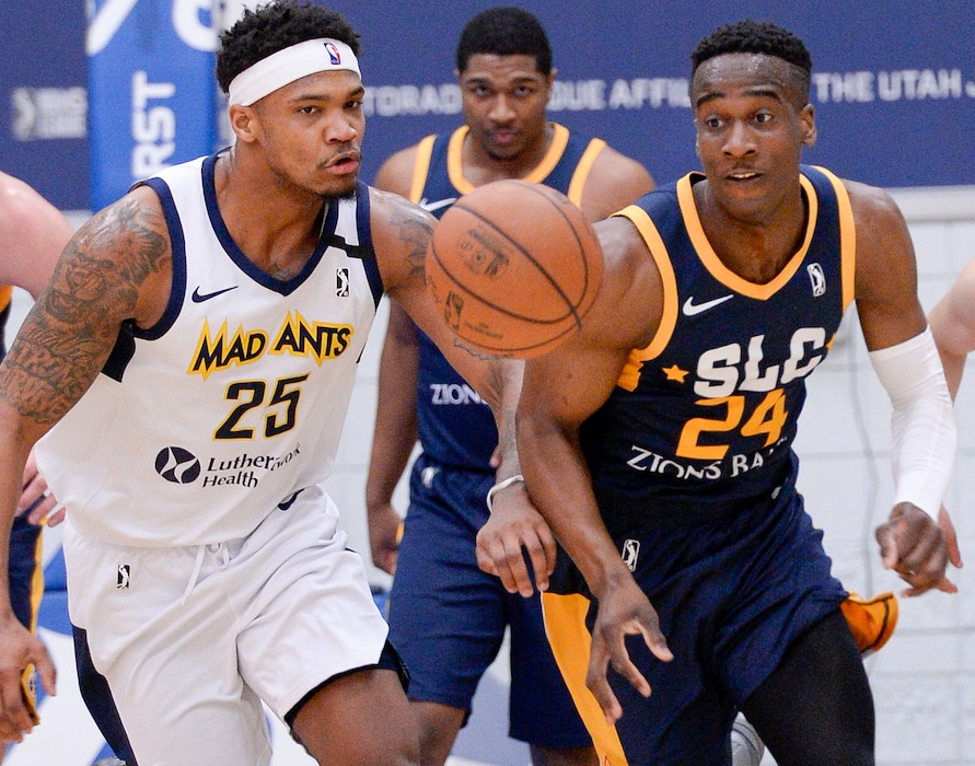 (Leah Hogsten  |  The Salt Lake Tribune) Salt Lake City Stars guard Miye Oni (24) makes a steal during the Stars matchup against Fort Wayne Mad Ant, Jan. 28, 2019, at the Lifetime Activities Center on Salt Lake Community College Campus. 